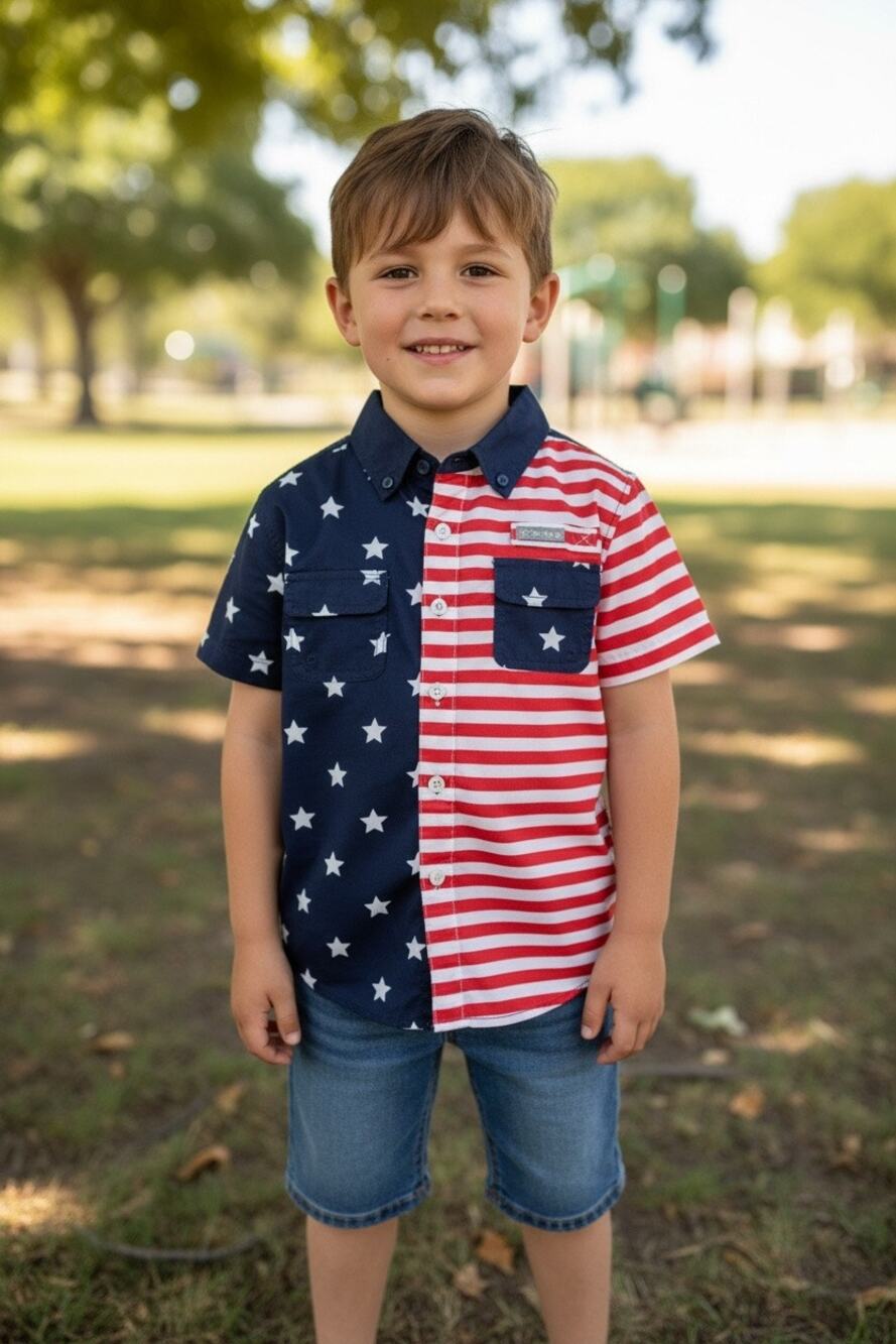 Ocean Coast Boys American Flag Button Front Fishing Shirt Patriotic Size 7
